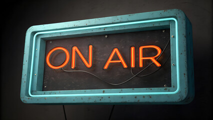 Vintage neon sign glows with the words ON AIR for broadcasting, podcasting, and live events