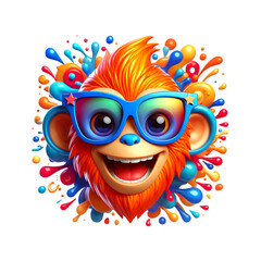 Funny 3D Cartoon Monkey Face with Party Sunglasses and Color Splash