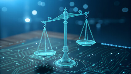 Digital justice concept with scales, glowing circuit board, and modern technology design