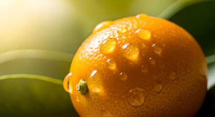 Close up shot capturing a fresh juicy orange with dew droplets gleaming in sunlight backdrop