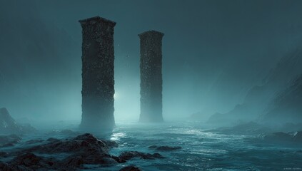 Two tall, weathered stone pillars stand sentinel in a misty, dark coastal landscape