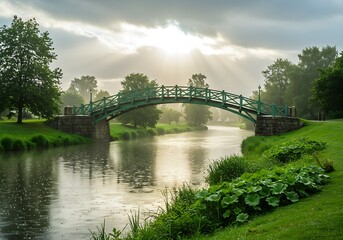 Fototapeta premium Serene River Bridge: Sunbeams & Tranquil Dawn
