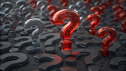 Intriguing red and gray question marks symbolizing uncertainty, choices, and problem-solving concepts