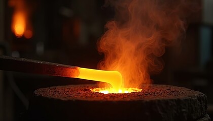Glassblowing technique. Molten glass forming in workshop.
