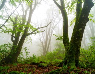 Ethereal view of a lush green forest shrouded in dense fog with ancient, moss-covered trees
