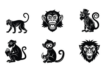 Black Monkey Silhouettes Collection Jungle Primate Vector Bundle for Wildlife Tattoo and Kids Design