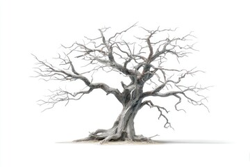 Dried, gnarled tree against white