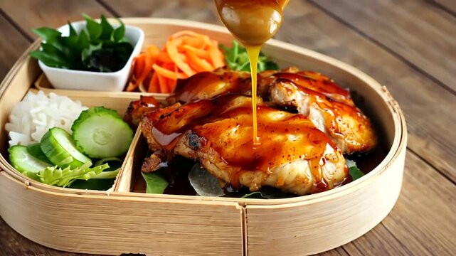 Delicious grilled chicken served in a wooden bento box with fresh vegetables and sauces