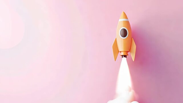 A charming cartoon rocket launches energetically against a soft pink background, symbolizing dreams, childhood adventure, and exploration in a vibrant style.