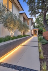 Modern home exterior walkway with landscaping.  Illuminated pathway leads to a contemporary residence.  Olive trees and low-lying greenery flank the walkway.  Soft lighting highlights the design