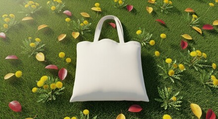 An ecofriendly white canvas tote bag lies on a lush green lawn, surrounded by scattered yellow and red flower petals, creating a vibrant and sustainable scene