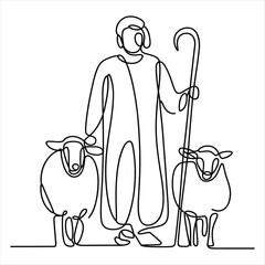 Shepherd with Two Sheep and Staff One Line Drawing