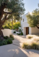 Sun-drenched pathway leads to a modern white house, surrounded by lush landscaping