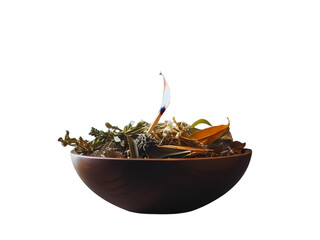 Wooden Bowl with Burnt Matchstick and Herbal Smoke