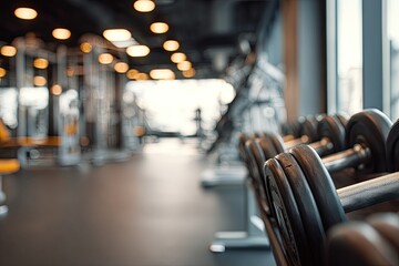 Fototapeta premium Gym interior with dumbbells in focus. A view of a modern fitness center. Gray and black equipment. Blurred background with machines and other workout gear. Several dumbbells in the foreground