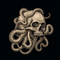 Engulfed: Skull & Octopus, Sepia Ink Illustration