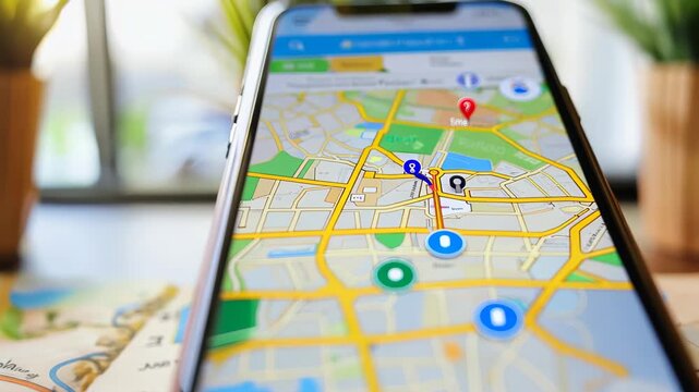 A smartphone displays a navigation map on its screen, showcasing modern technology in travel. A paper map lays in the background, blending tradition with innovation.