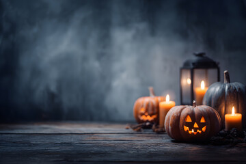 Warm Halloween scene with pumpkins and candles on table, blurred background