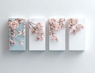 Three canvases, light pastel colors, featuring delicate cherry blossom branches