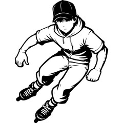 Fototapeta premium Sketchy sport emblem of street roller skater takes a turn on a bend. Engraving minimalistic vector in black ink drawing on transparent background