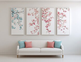 White room with a light-colored sofa and framed cherry blossom prints