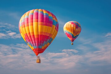 Fototapeta premium Two colorful hot air balloons float against a vibrant blue sky dotted with fluffy white clouds