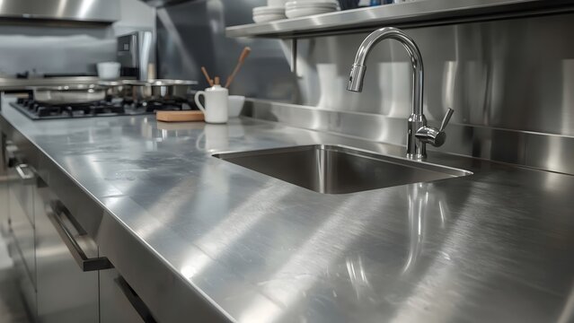 Commercial kitchen stainless steel countertop with sink and faucet