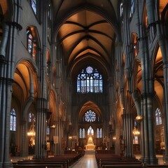 Obraz premium Grand Cathedral Interior with Stained Glass and Vaulted Arches