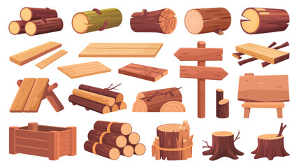 Fototapeta premium Wood tree logs, stumps and trunks, wooden pieces flat cartoon vector illustration. Lumber and firewood cut branches, lumberjack materials, campfire and woodwork planks big set collection 
