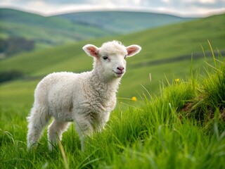 Fototapeta premium Adorable Lamb: Fluffy White Baby Sheep in a Green Pasture