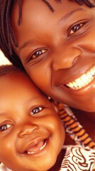 Loving Dark Skinned Mother and Child Smile Together in Close Up Portrait