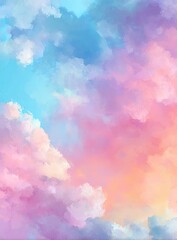 Pastel sky with fluffy clouds.  Soft blend of pinks, blues, and oranges.  A vibrant, dreamy scene