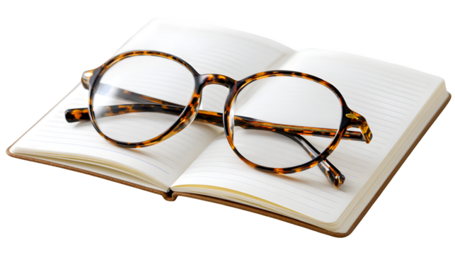 A pair of stylish, modern reading glasses resting on a small, open notebook with a blank page, isolated on a pure Transparent Background. - Powered by Adobe