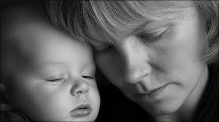 Affectionate Monochrome Portrait of Mother and Baby Touching Heads with Eyes Closed