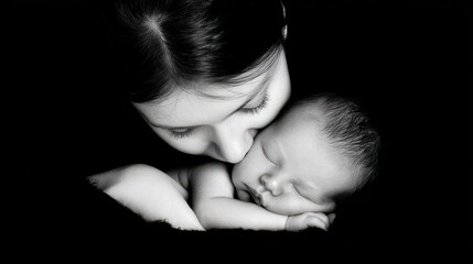 Monochrome Image of A Mother Comforts Her Sleeping Newborn Baby Expressing Love and Tenderness