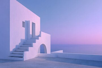 A minimalist white and purple scene with an ocean view, featuring stairs leading to the horizon
