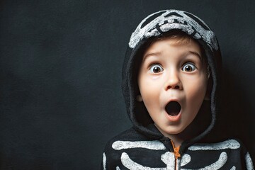 A young child in a skeleton hoodie expressing shock with wide eyes and an open mouth against a dark background