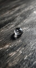 A clear, round, glassy object rests on a dark wooden surface.  The object's interior shows faint, speckled details.  The wood has a pronounced grain pattern