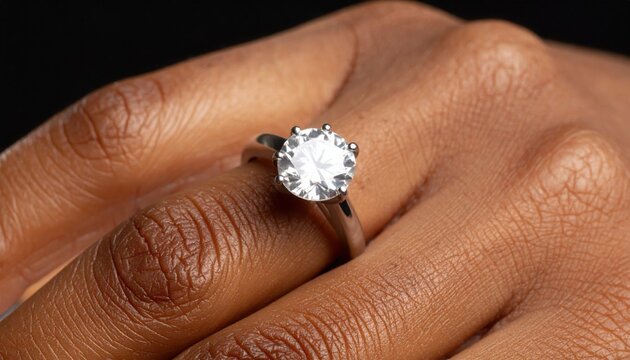 Close-up of a diamond solitaire engagement ring representing commitment, luxury, love, and milestone celebrations in personal relationships