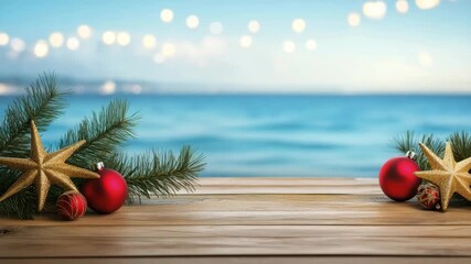 Christmas decoration featuring red bauble and golden star on wooden table by sea with pine branch, festive lights, and calm blue water creating joyful holiday festive atmosphere - Powered by Adobe