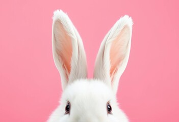 Obraz premium Two fluffy white bunny ears playfully emerge from a soft pink background , playful, delicate