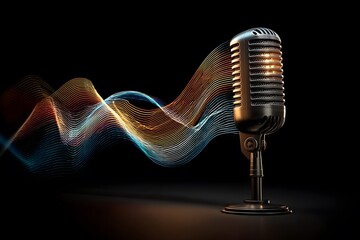 A microphone with sound waves emanating from it, set against a black background, symbolizing the vibrant and dynamic nature of podcasting.