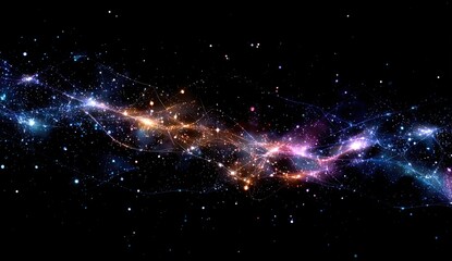 Cosmic nebulae swirls across a dark expanse of space. Vibrant hues of pink, orange, and blue illuminate cosmic dust and gas formations. Scattered stars punctuate the void