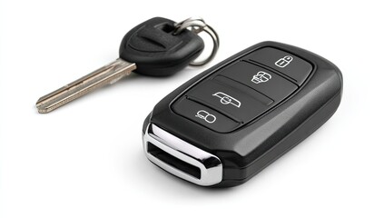 Close-up of a black car key fob and key on a white background