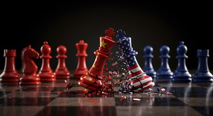Fototapeta premium China vs USA conflict illustrated with chess pieces breaking