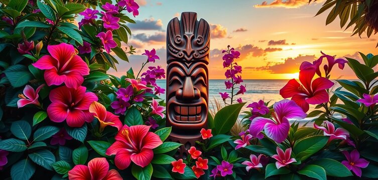 Vibrant hibiscus, orchids & lush foliage surround a carved tiki idol, sunset backdrop, luau, tiki