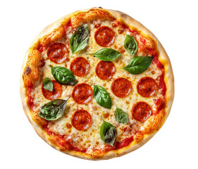 Delicious pepperoni pizza garnished with fresh basil leaves on a transparent background