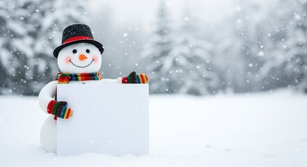 Fototapeta premium Cheerful snowman holding blank white sign in snowy winter landscape with falling snow. Festive character wearing black hat and colorful scarf creating magical holiday atmosphere