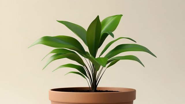 Green plant growing in terracotta pot on beige background