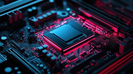 Obraz premium Illuminated computer processor on a modern motherboard detail showing digital technology components